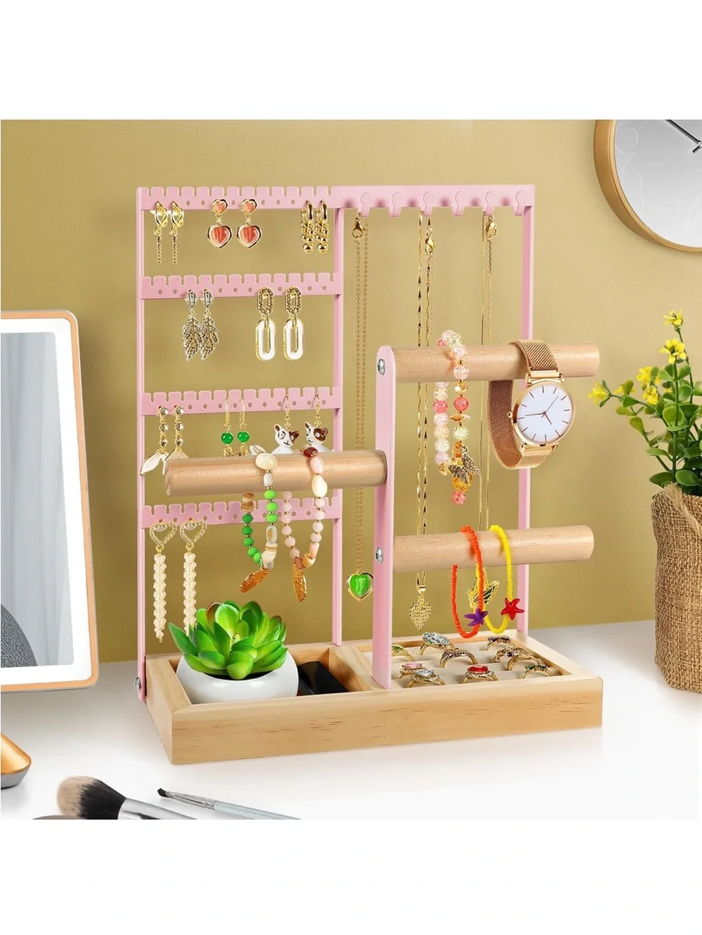 Pink Jewelry Organizer Stand with Ring Holder & Earring Display EUC